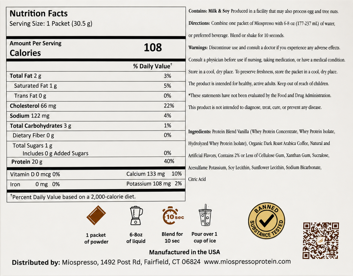 Miospresso Vanilla nutrition facts, ingredients, and directions