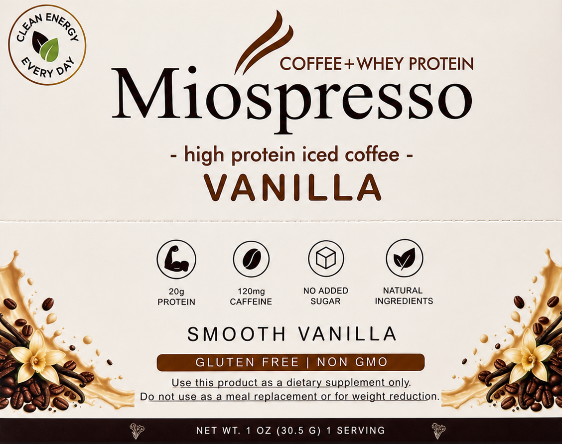 Miospresso Vanilla protein coffee packet front