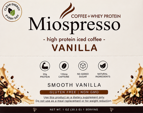 Miospresso Vanilla protein coffee packet front