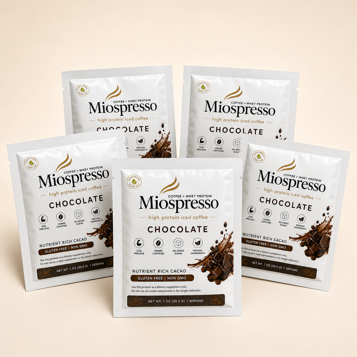 Miospresso Chocolate packet lineup with 21g protein