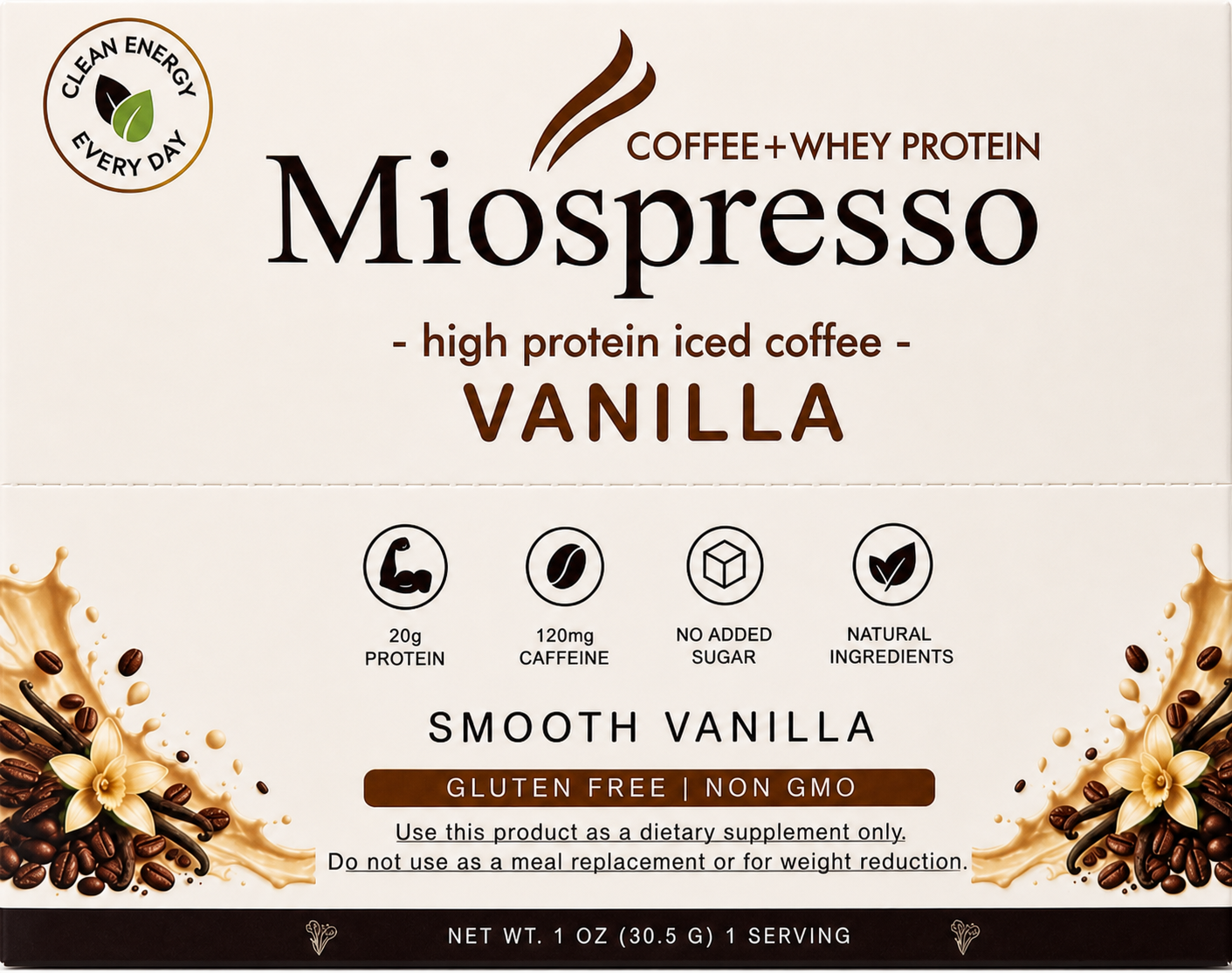 Miospresso Vanilla protein coffee packet front
