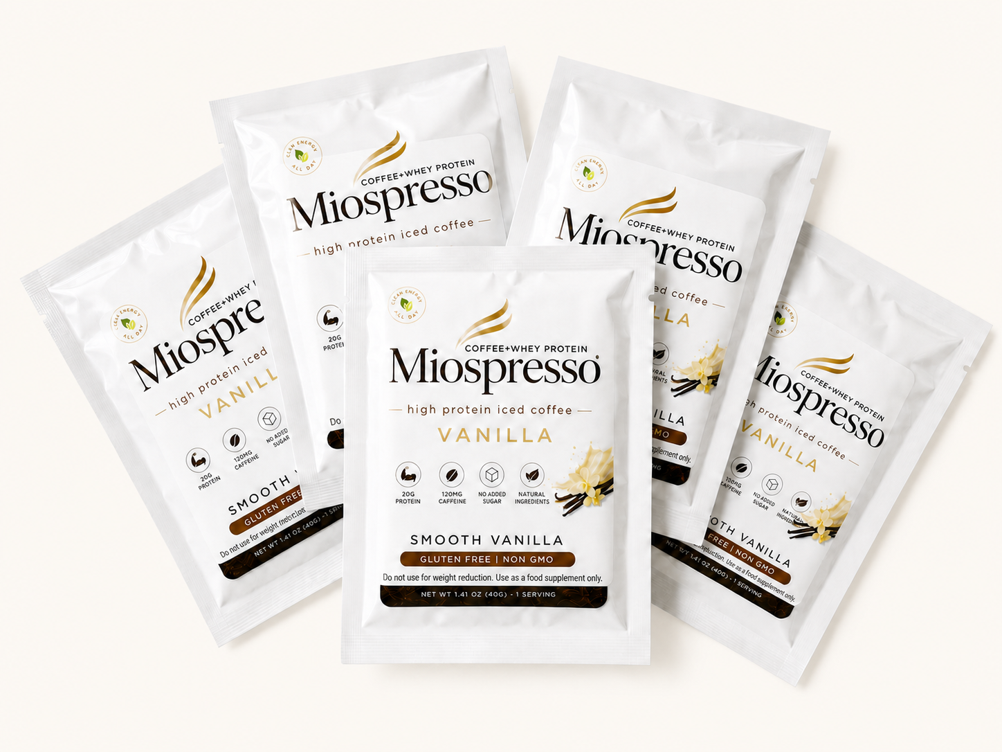 Miospresso Vanilla single-serve protein coffee packets.